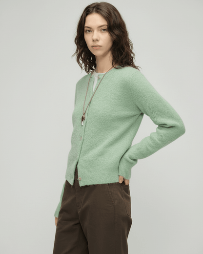 Yola Cardigan by RAMBLION in soft green, featuring thick knit, stylish design perfect for everyday layering.