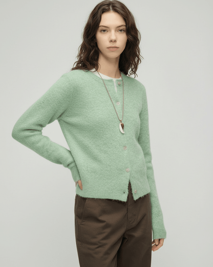Yola Cardigan by RAMBLION, soft green knit, perfect for layering in cool weather, stylish and versatile layering piece.