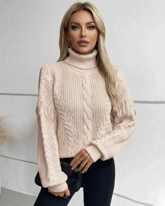 Yoma Sweater featuring soft pink cable knit, turtleneck design for stylish cold-weather comfort by RAMBLION.