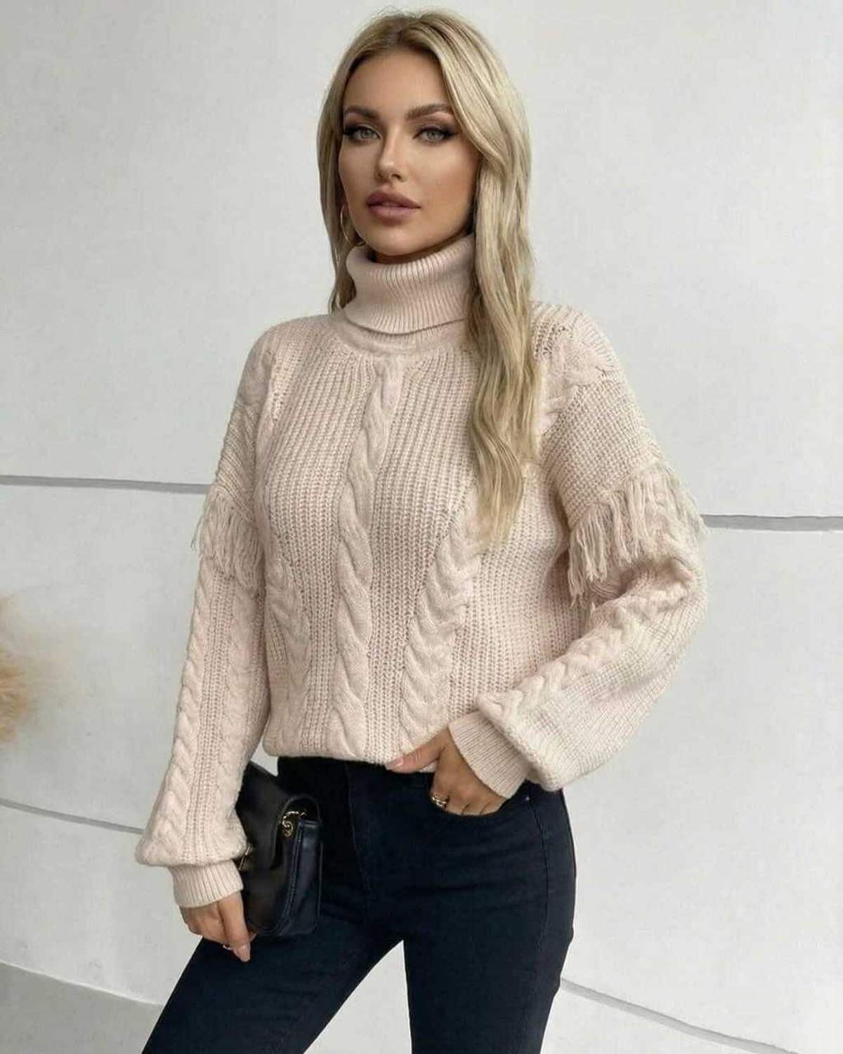 Yoma Sweater by RAMBLION, beige turtleneck, cable knit, fringes, stylish, warm for cold weather.