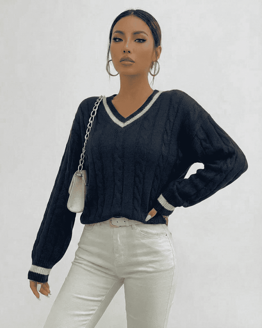 Yona Sweater by RAMBLION in navy cable knit with V-neck, perfect for stylish comfort and casual occasions.