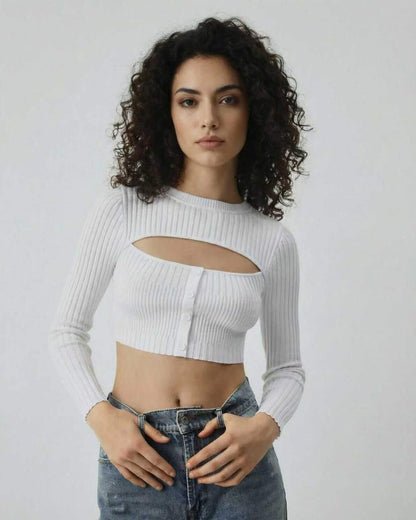 Yora Top by RAMBLION, white ribbed mini dress with modern cut out detail, perfect for casual outings.