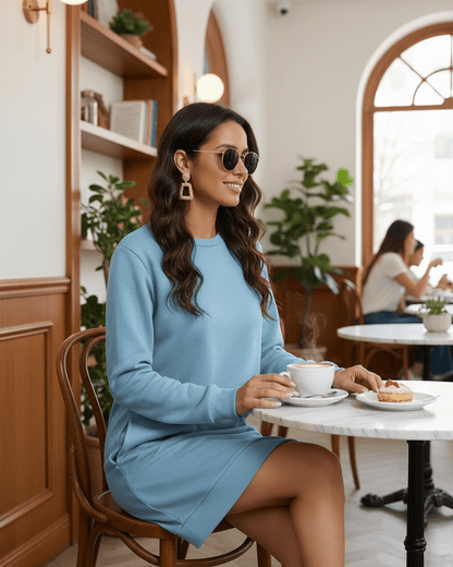 Yuma Mini Dress in light blue, featuring soft cotton, stylish O neckline, perfect for casual outings, by RAMBLION.