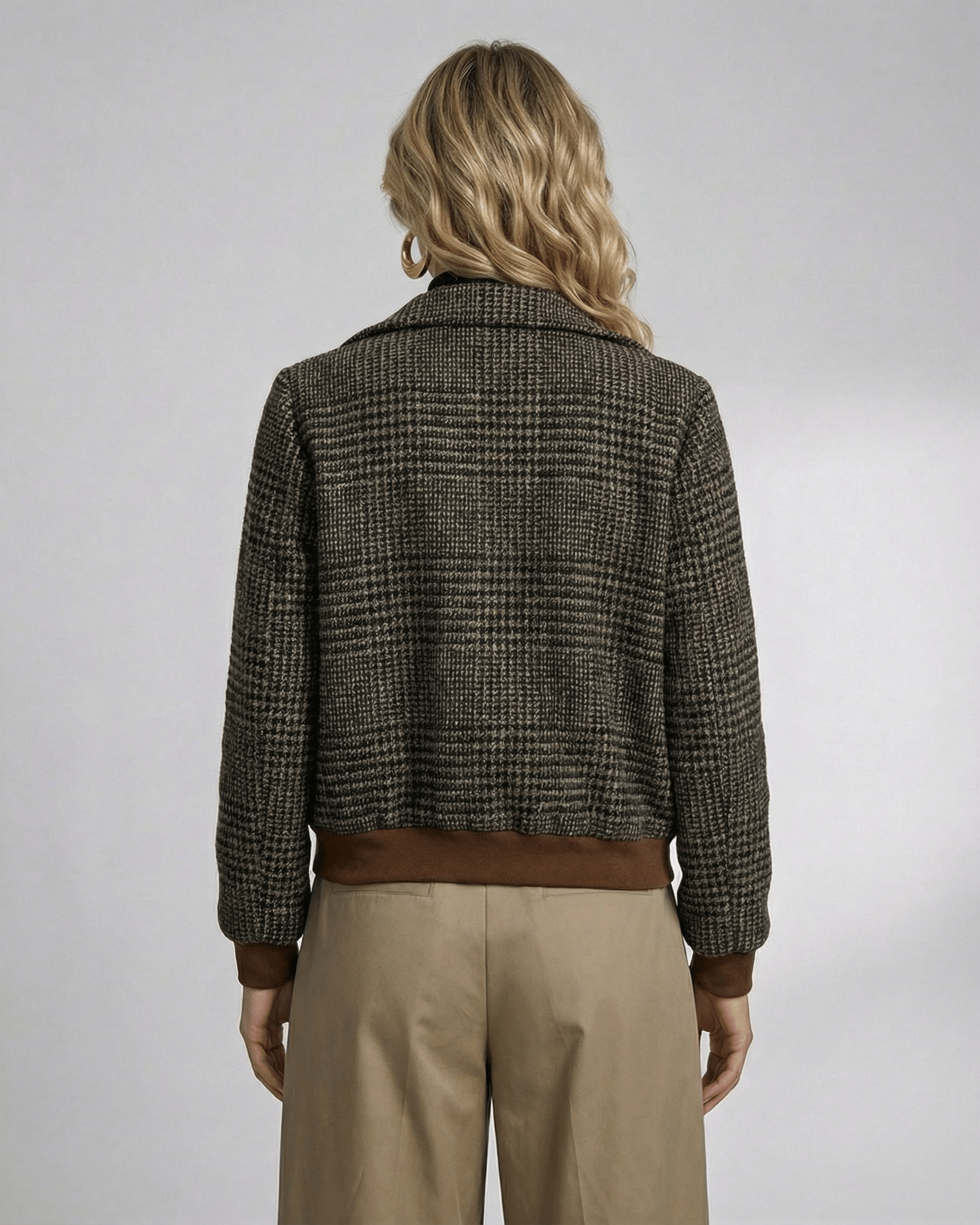 Back view of Zado Jacket by RAMBLION, featuring brown plaid design and tailored fit, perfect for stylish occasions.