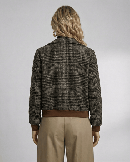 Back view of Zado Jacket by RAMBLION, featuring brown plaid design and tailored fit, perfect for stylish occasions.