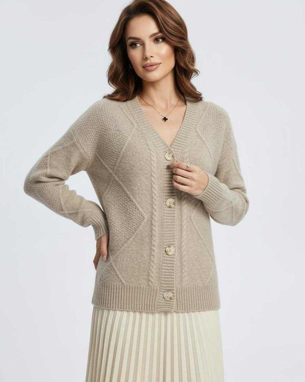 Beige Cardigan, front view | Ramblion | SKU: MC-821904753-beige-L-2933,MC-821904753-beige-M-5833,MC-821904753-beige-S-5722,MC-821904753-beige-XL-4357,MC-821904753-beige-XS-6823
