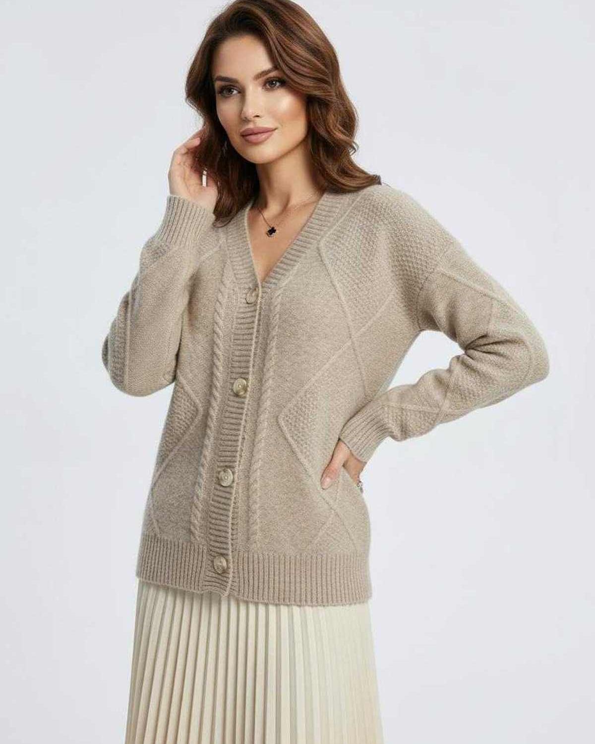 Beige Cardigan, front view | Ramblion | SKU: MC-821904753-beige-L-2933,MC-821904753-beige-M-5833,MC-821904753-beige-S-5722,MC-821904753-beige-XL-4357,MC-821904753-beige-XS-6823