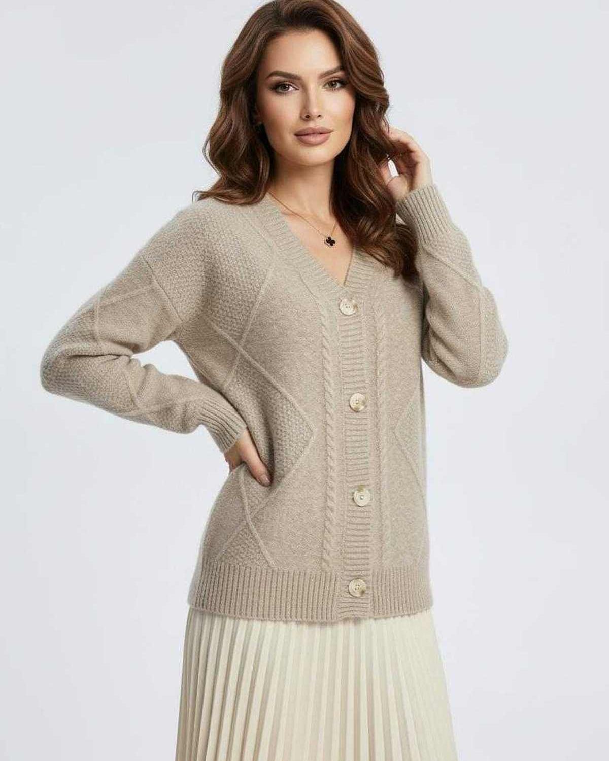 Beige Cardigan, front view | Ramblion | SKU: MC-821904753-beige-L-2933,MC-821904753-beige-M-5833,MC-821904753-beige-S-5722,MC-821904753-beige-XL-4357,MC-821904753-beige-XS-6823