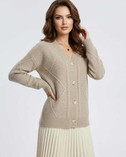 Beige Cardigan, front view | Ramblion | SKU: MC-821904753-beige-L-2933,MC-821904753-beige-M-5833,MC-821904753-beige-S-5722,MC-821904753-beige-XL-4357,MC-821904753-beige-XS-6823