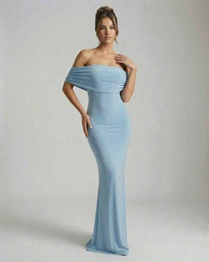 Zadu Maxi Dress in blue, off-shoulder style, ruched details, perfect for elegant occasions, by RAMBLION.