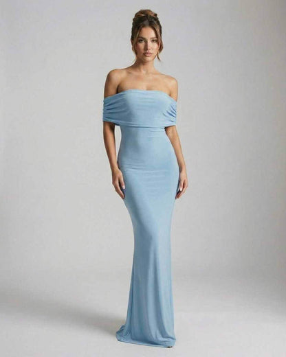 Zadu Maxi Dress - Blue ankle-length off-shoulder satin dress by RAMBLION, showcasing elegance and sophisticated movement.