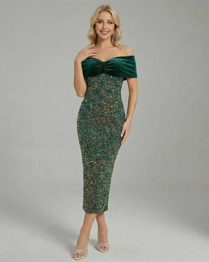 Zadu Midi Dress - Green velvet, off-shoulder, elegant for special occasions by RAMBLION.