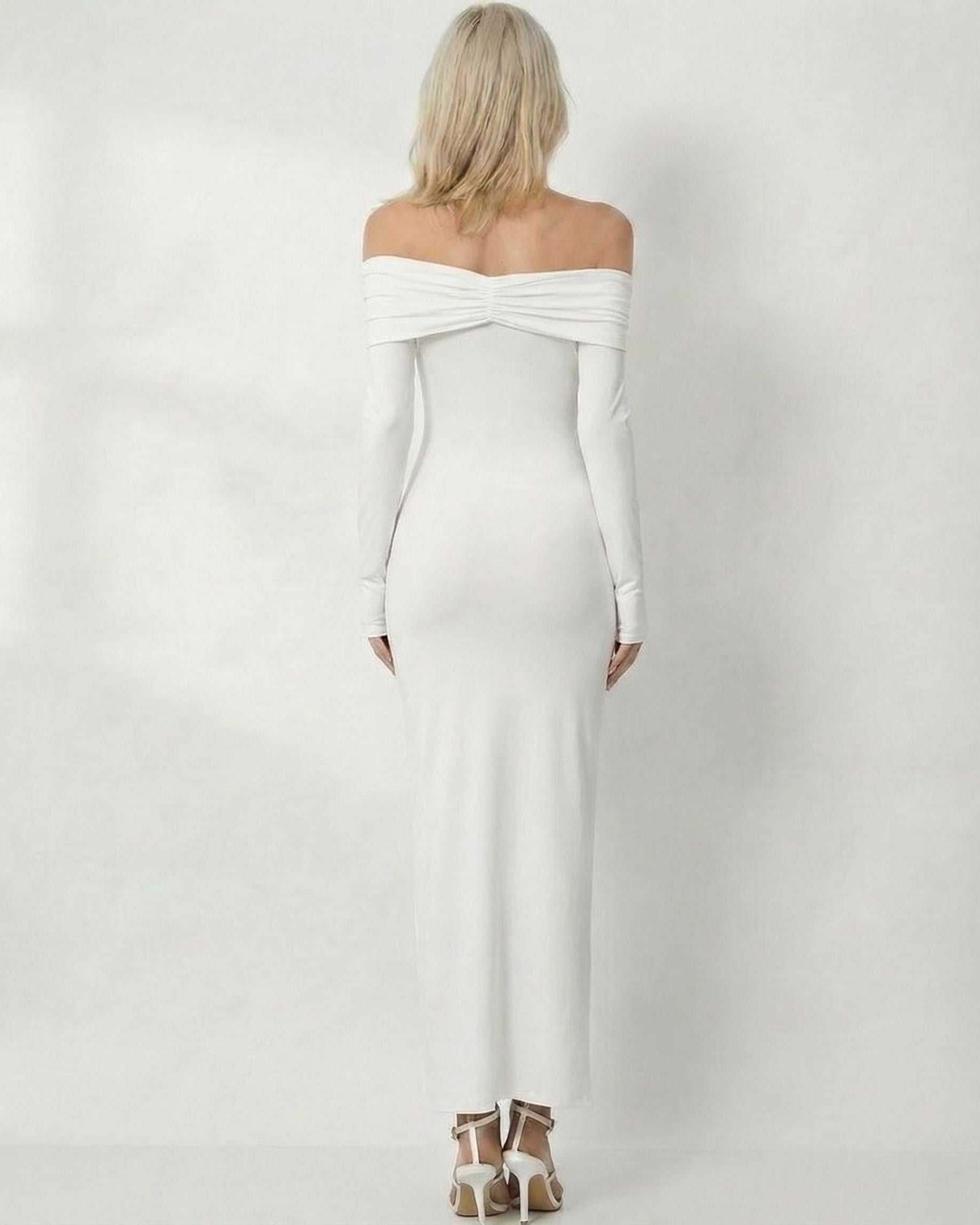 Zafe Maxi Dress - Off-shoulder white dress, elegant and chic, perfect for formal occasions, by RAMBLION.