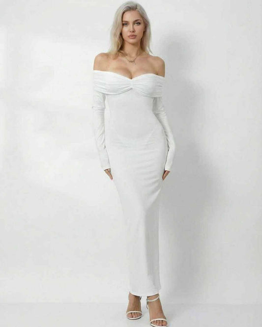 Zafe Maxi Dress featuring off-shoulder design, elegant white satin fabric, perfect for formal events, by RAMBLION.