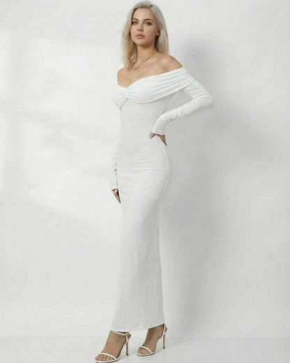 Zafe Maxi Dress in white satin, off-shoulder style perfect for formal occasions by RAMBLION.