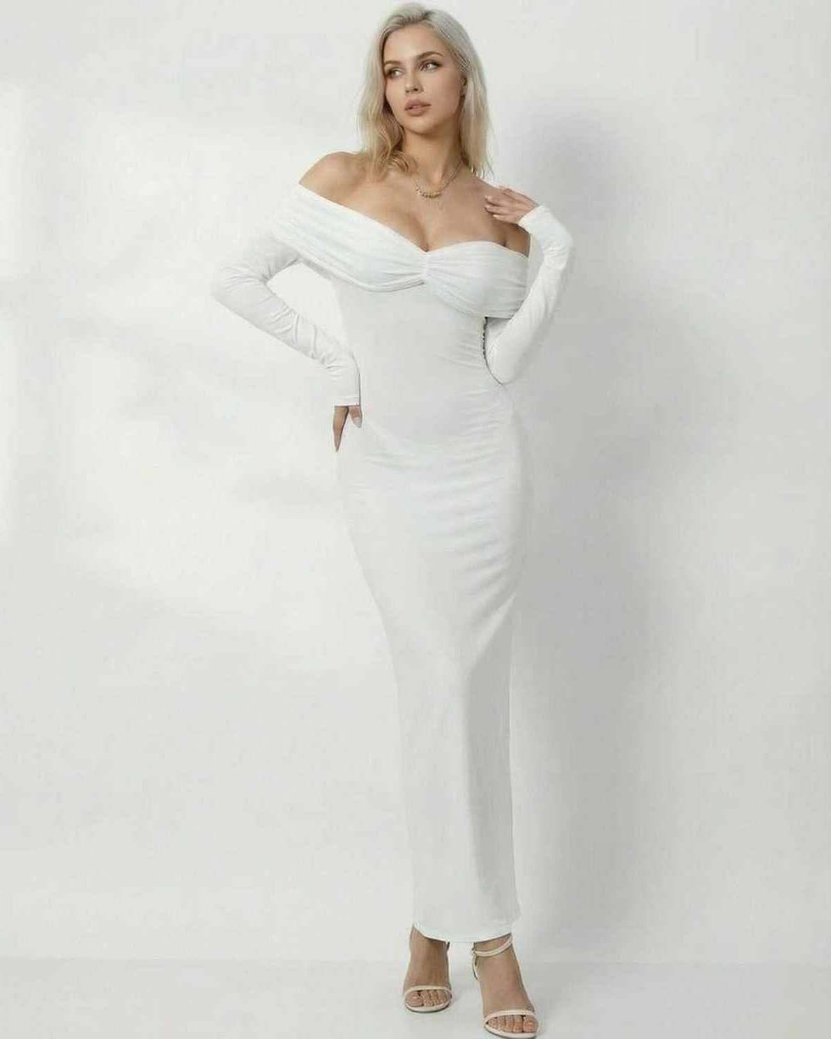 Zafe Maxi Dress in solid white, featuring off-shoulder neckline, elegant design by RAMBLION for formal occasions.
