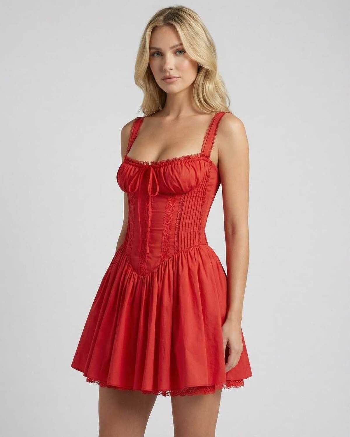 Zafe Mini Dress by RAMBLION, red mini dress with round neck, A-line design, perfect for any stylish occasion.