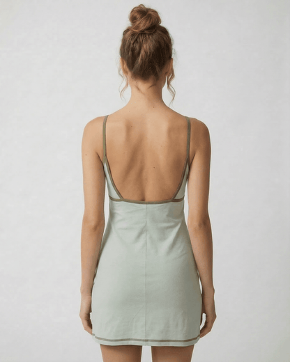 Zafi Mini Dress - pastel green, V neck, modern pencil silhouette, summer vibe, by RAMBLION.
