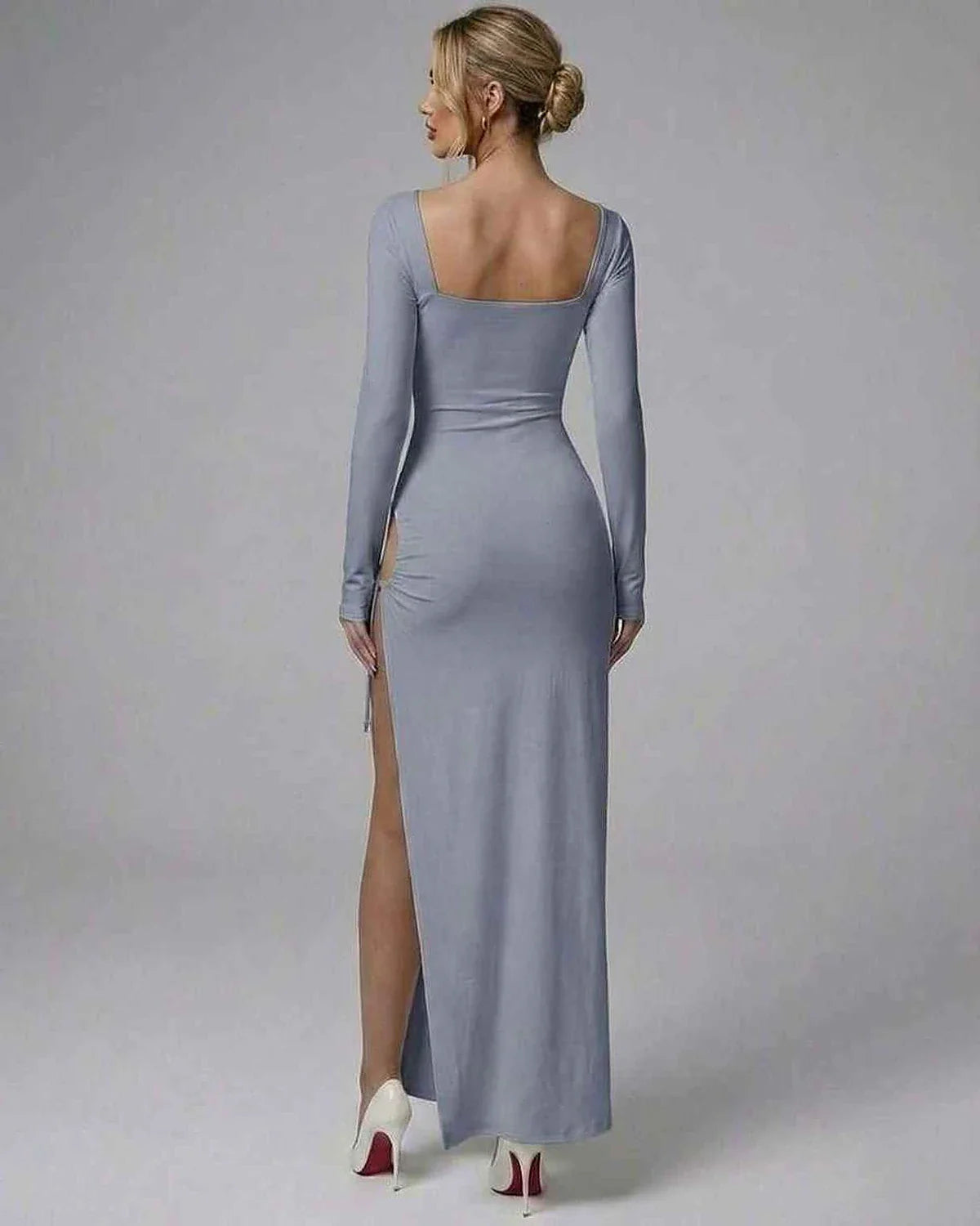 White Cotton Gown Square Neck Long Sleeve Maxi Dress | Black-Tie Events, Party Nights & Everyday Wear, back view | Ramblion | SKU: SMD-583920478-lightblue-L-4648,SMD-583920478-lightblue-M-7647,SMD-583920478-lightblue-S-6298,SMD-583920478-lightblue-XL-8027,SMD-583920478-lightblue-XS-7749