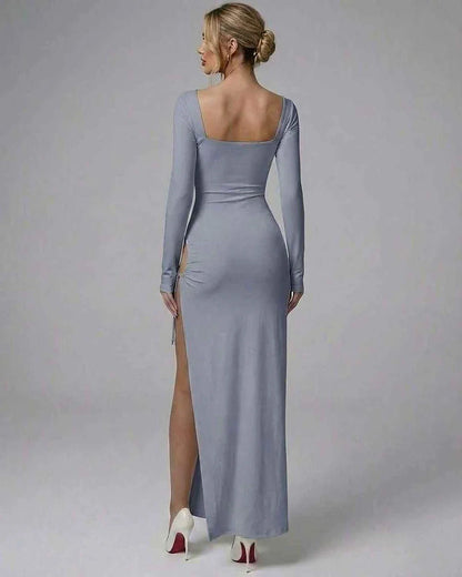 White Cotton Gown Square Neck Long Sleeve Maxi Dress | Black-Tie Events, Party Nights & Everyday Wear, back view | Ramblion | SKU: SMD-583920478-lightblue-L-4648,SMD-583920478-lightblue-M-7647,SMD-583920478-lightblue-S-6298,SMD-583920478-lightblue-XL-8027,SMD-583920478-lightblue-XS-7749