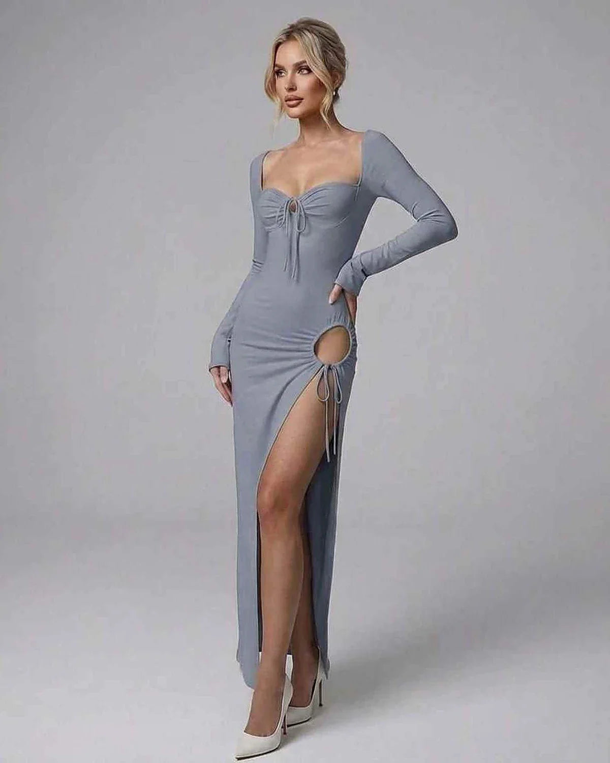 White Cotton Gown Square Neck Long Sleeve Maxi Dress | Black-Tie Events, Party Nights & Everyday Wear, front view | Ramblion | SKU: SMD-583920478-lightblue-L-4648,SMD-583920478-lightblue-M-7647,SMD-583920478-lightblue-S-6298,SMD-583920478-lightblue-XL-8027,SMD-583920478-lightblue-XS-7749