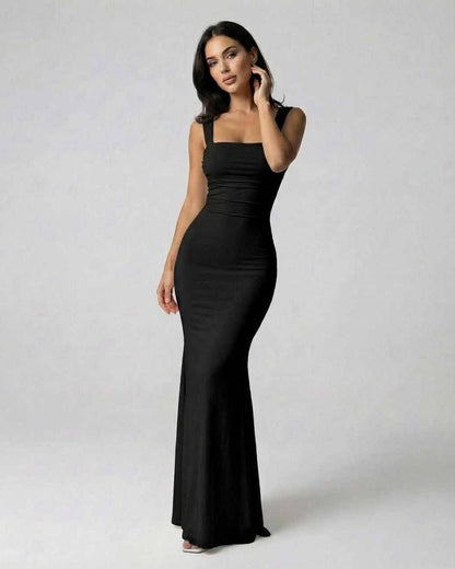 Zana Maxi Dress - Black ankle-length satin dress, square neck for elegant occasions, by RAMBLION.