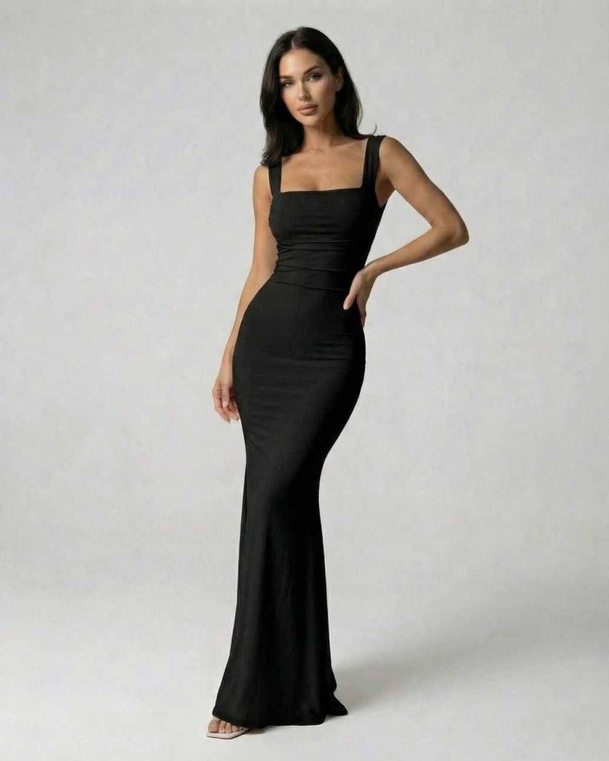 Zana Maxi Dress showcasing a chic black ankle-length silhouette, 100% polyester satin, perfect for elegant occasions by RAMBLION.