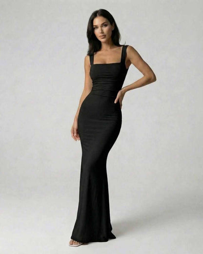 Zana Maxi Dress showcasing a chic black ankle-length silhouette, 100% polyester satin, perfect for elegant occasions by RAMBLION.