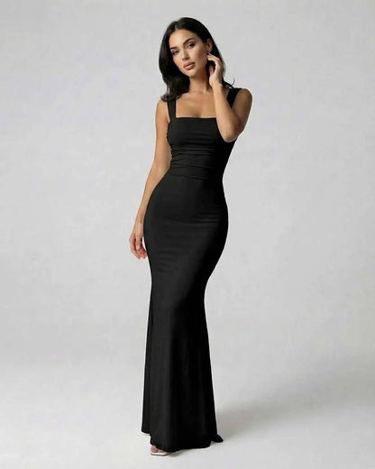Black Satin Gown Square Neck Sleeveless Maxi Dress | Formal Events & Night Out, front view | Ramblion | SKU: OMD-582746391-black-L-8044,OMD-582746391-black-M-4862,OMD-582746391-black-S-6253,OMD-582746391-black-XL-3748,OMD-582746391-black-XS-9681