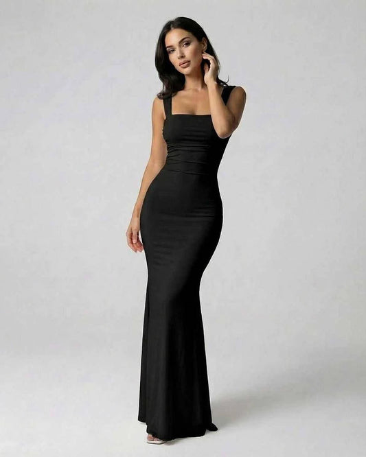 Black Satin Gown Square Neck Sleeveless Maxi Dress | Formal Events & Night Out, front view | Ramblion