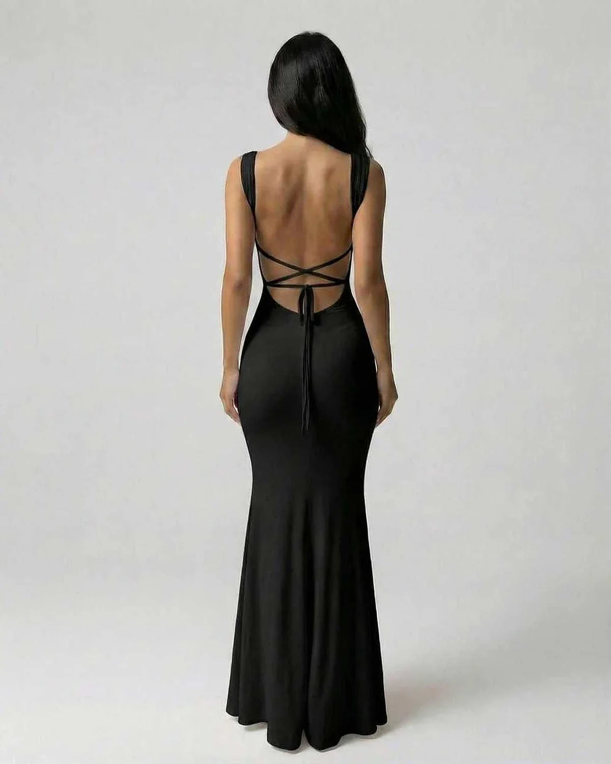 Black Satin Gown Square Neck Sleeveless Maxi Dress | Formal Events & Night Out, back view | Ramblion | SKU: OMD-582746391-black-L-8044,OMD-582746391-black-M-4862,OMD-582746391-black-S-6253,OMD-582746391-black-XL-3748,OMD-582746391-black-XS-9681