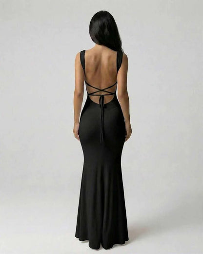 Black Satin Gown Square Neck Sleeveless Maxi Dress | Formal Events & Night Out, back view | Ramblion | SKU: OMD-582746391-black-L-8044,OMD-582746391-black-M-4862,OMD-582746391-black-S-6253,OMD-582746391-black-XL-3748,OMD-582746391-black-XS-9681