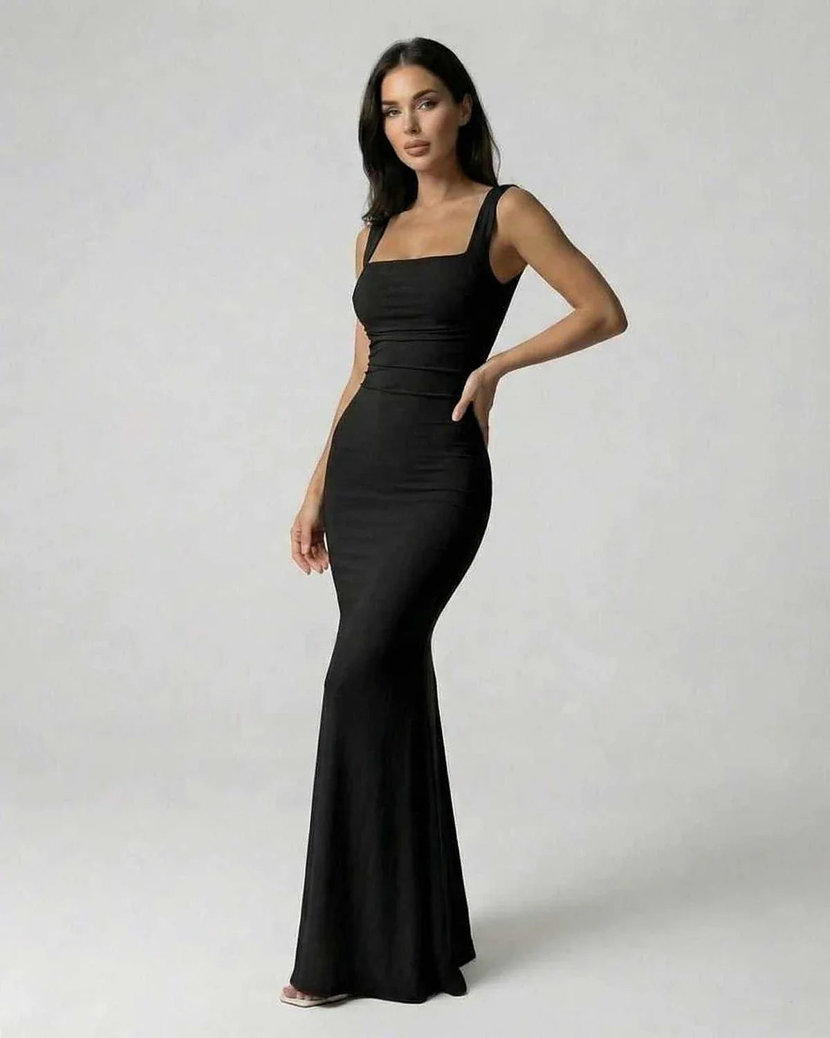Black Satin Gown Square Neck Sleeveless Maxi Dress | Formal Events & Night Out, side view | Ramblion | SKU: OMD-582746391-black-L-8044,OMD-582746391-black-M-4862,OMD-582746391-black-S-6253,OMD-582746391-black-XL-3748,OMD-582746391-black-XS-9681
