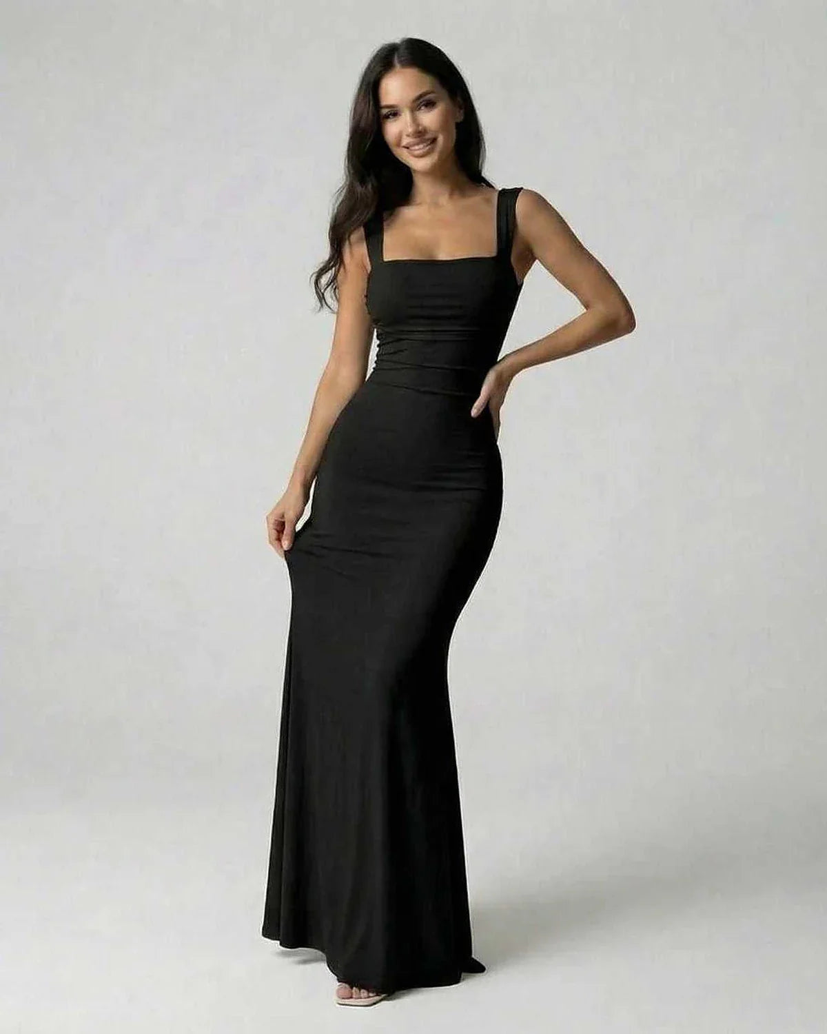 Black Satin Gown Square Neck Sleeveless Maxi Dress | Formal Events & Night Out, front view | Ramblion | SKU: OMD-582746391-black-L-8044,OMD-582746391-black-M-4862,OMD-582746391-black-S-6253,OMD-582746391-black-XL-3748,OMD-582746391-black-XS-9681
