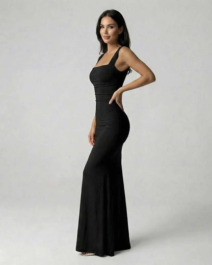 Black Satin Gown Square Neck Sleeveless Maxi Dress | Formal Events & Night Out, side view | Ramblion | SKU: OMD-582746391-black-L-8044,OMD-582746391-black-M-4862,OMD-582746391-black-S-6253,OMD-582746391-black-XL-3748,OMD-582746391-black-XS-9681