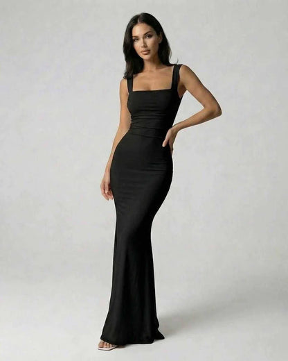 Black Satin Gown Square Neck Sleeveless Maxi Dress | Formal Events & Night Out, front view | Ramblion | SKU: OMD-582746391-black-L-8044,OMD-582746391-black-M-4862,OMD-582746391-black-S-6253,OMD-582746391-black-XL-3748,OMD-582746391-black-XS-9681