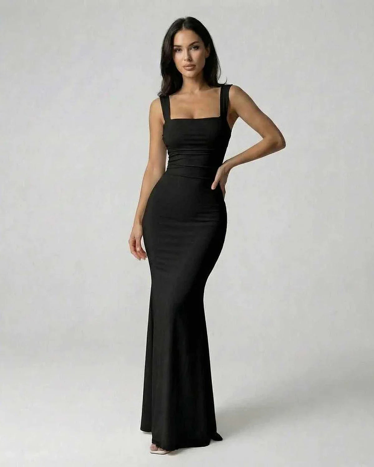 Black Satin Gown Square Neck Sleeveless Maxi Dress | Formal Events & Night Out, front view | Ramblion | SKU: OMD-582746391-black-L-8044,OMD-582746391-black-M-4862,OMD-582746391-black-S-6253,OMD-582746391-black-XL-3748,OMD-582746391-black-XS-9681