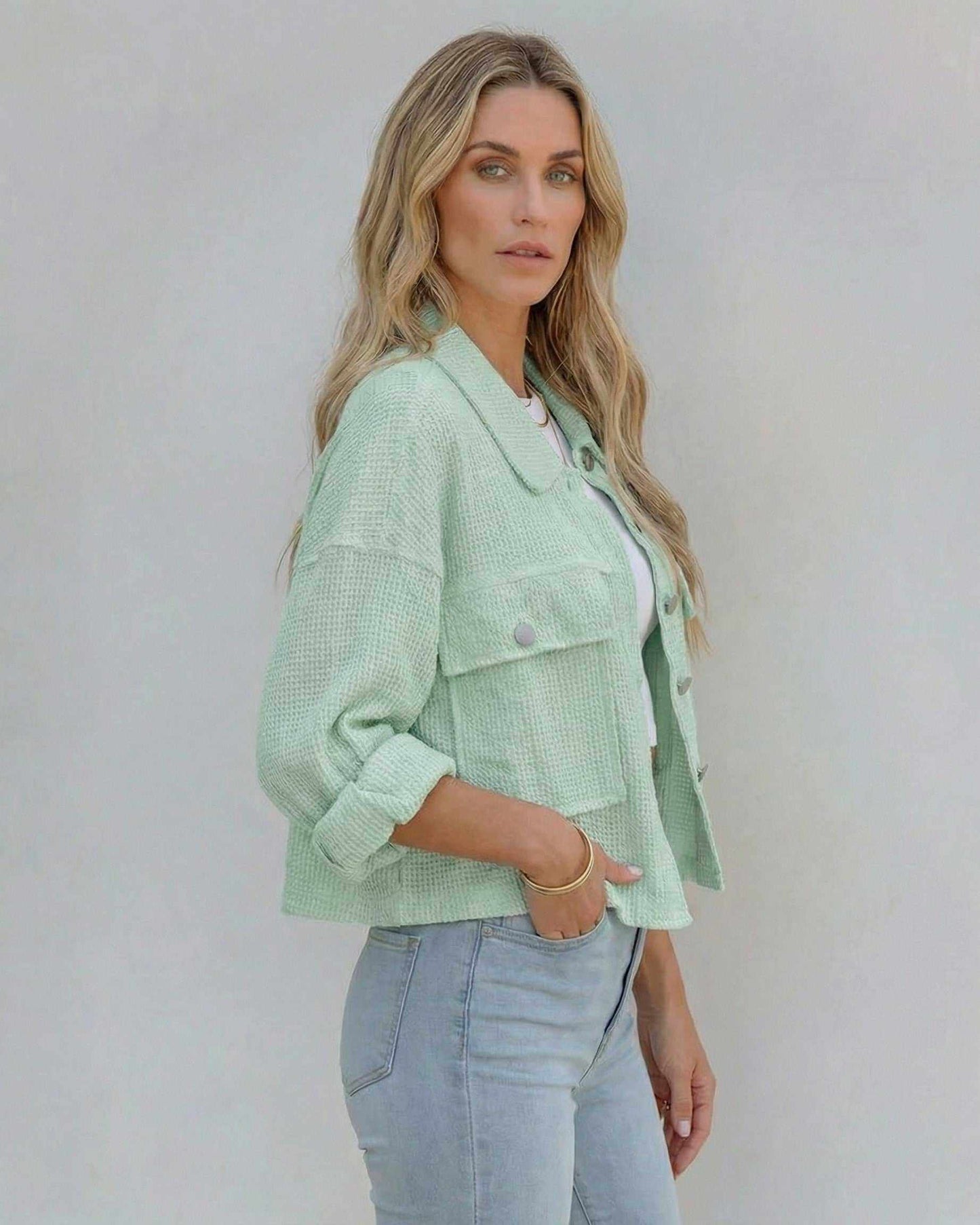 Zara Jacket in mint green, cropped silhouette, soft feel, perfect for casual outings, by RAMBLION.