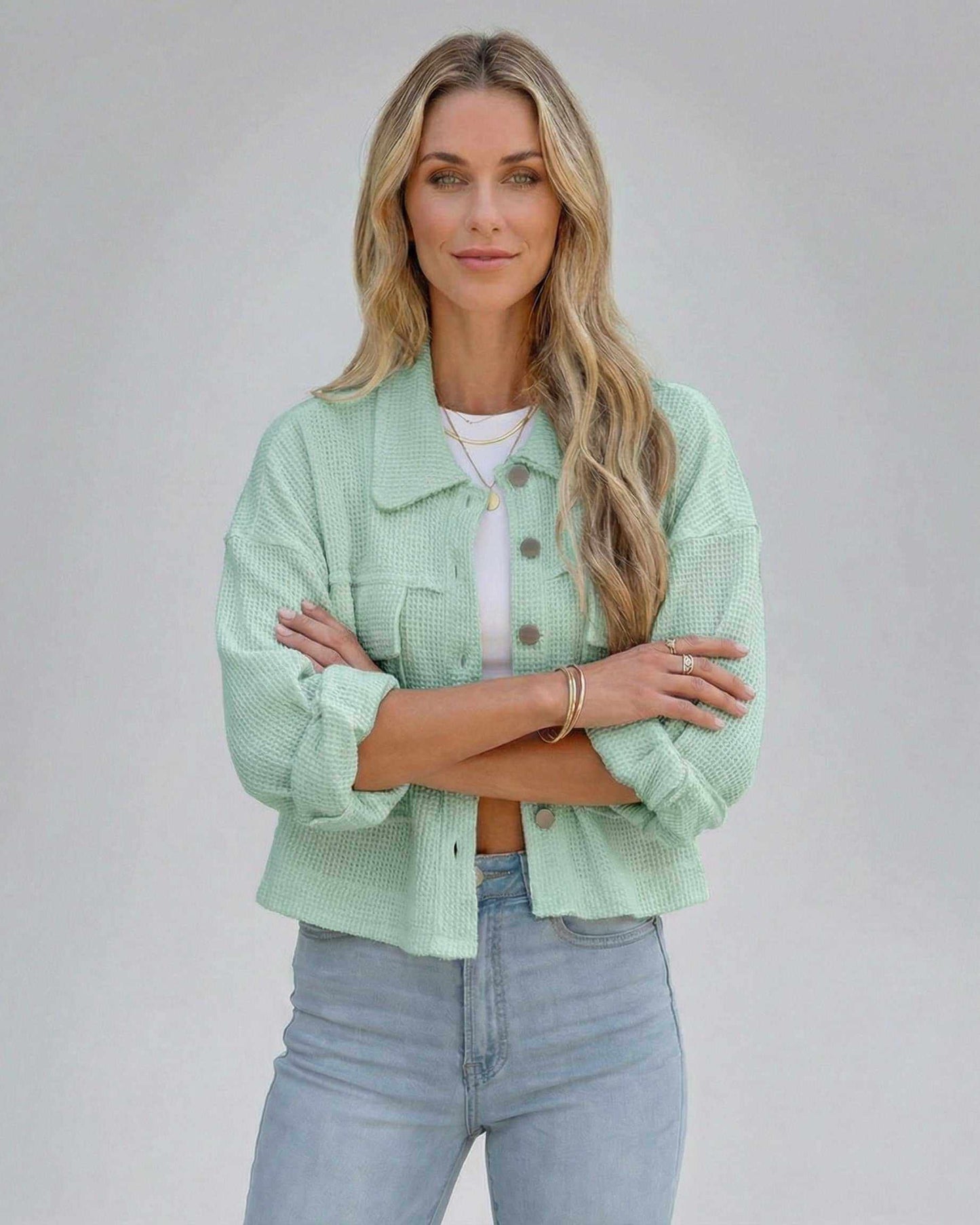 Zara Jacket in mint green, soft cotton blend, relaxed fit, stylish for casual occasions by RAMBLION.