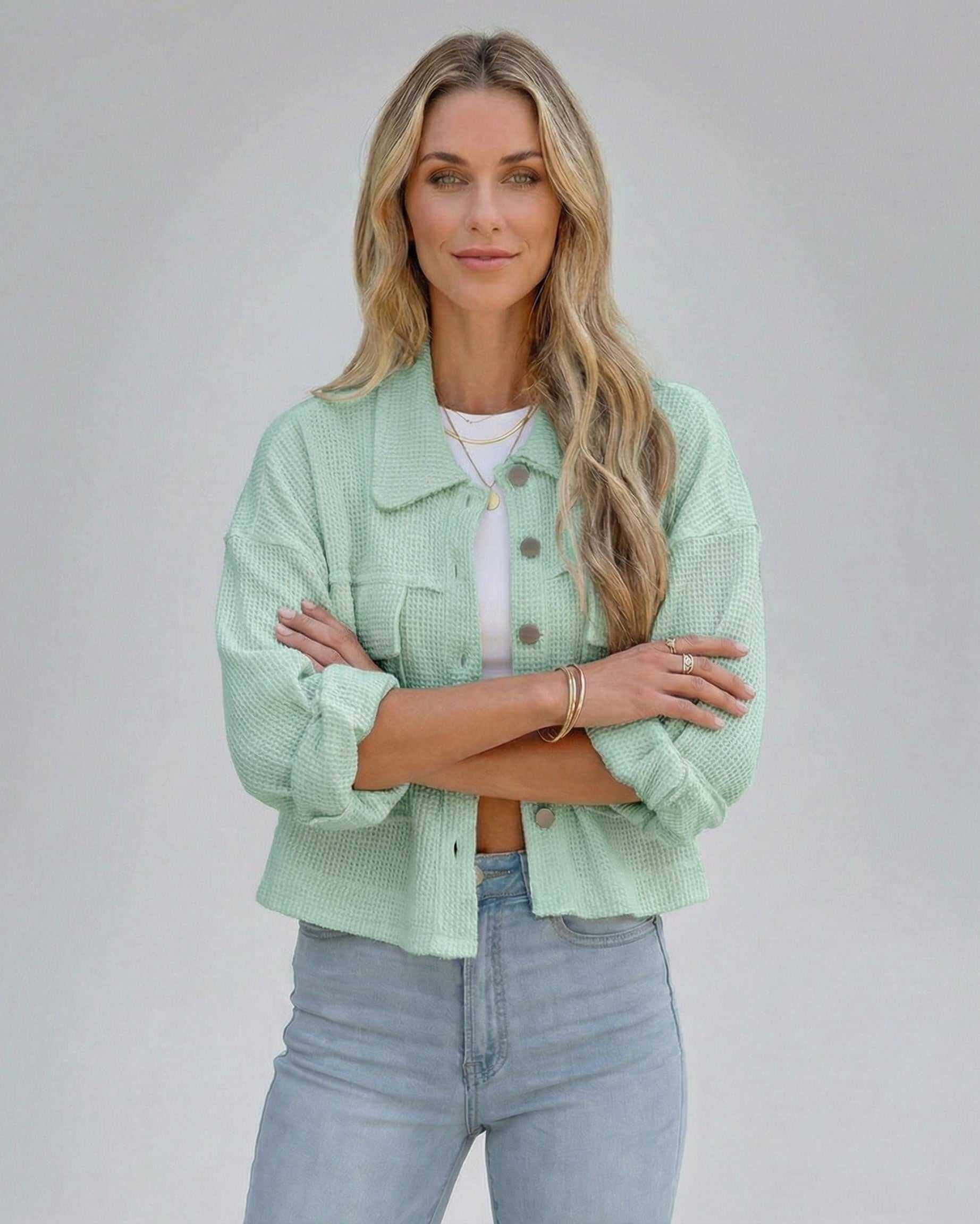 Zara Jacket in mint green, soft cotton blend, relaxed fit, stylish for casual occasions by RAMBLION.