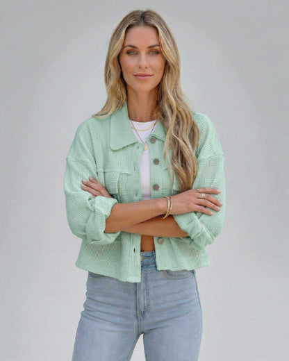Zara Jacket in mint green, soft cotton blend, relaxed fit, stylish for casual occasions by RAMBLION.