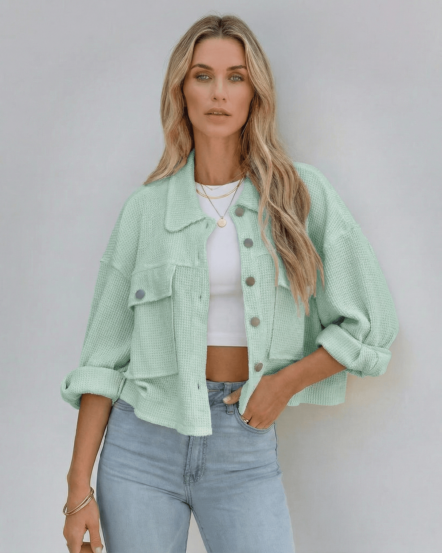 Zara Jacket in mint green, cropped silhouette, soft relaxed fit by RAMBLION, perfect for stylish casual outings.