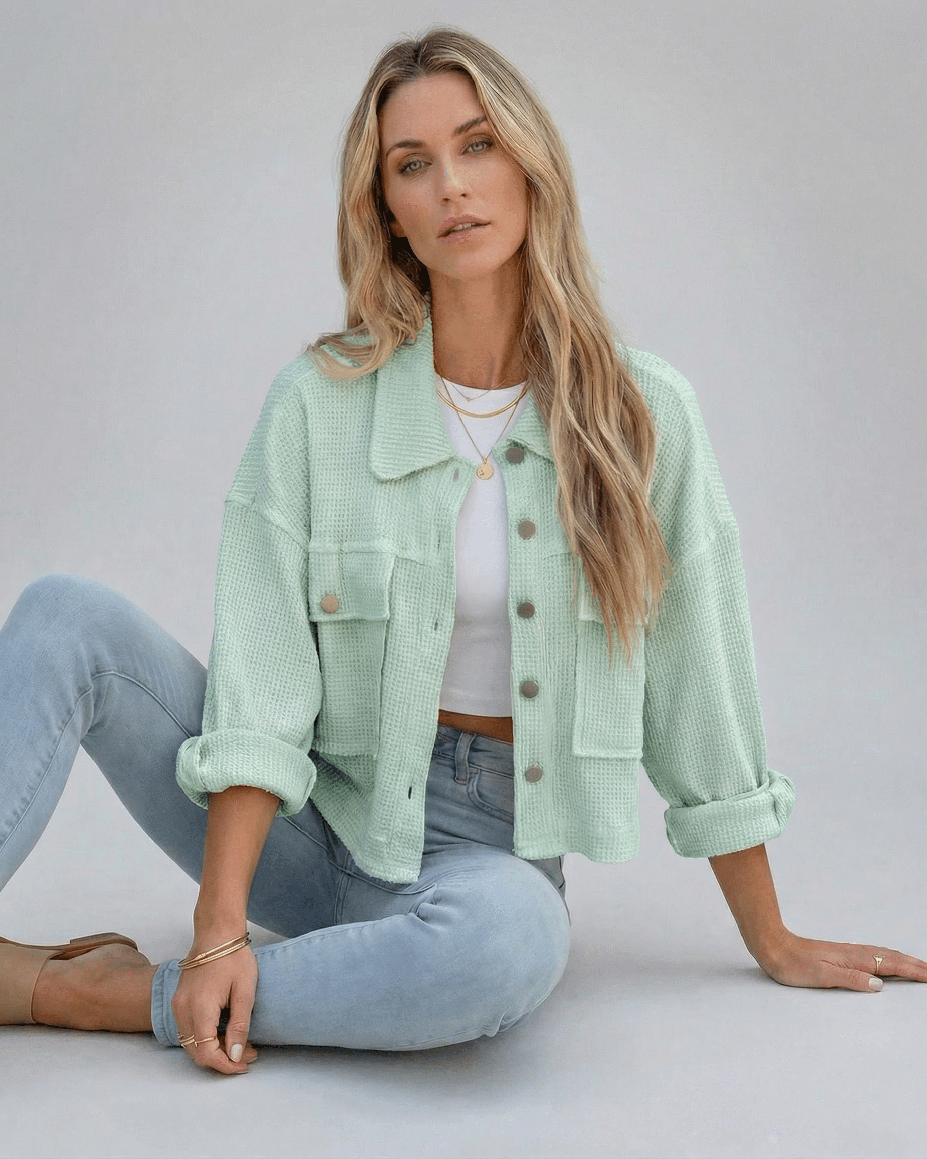 Zara Jacket in mint green hue, soft fabric, relaxed fit, perfect for casual outings, by RAMBLION.