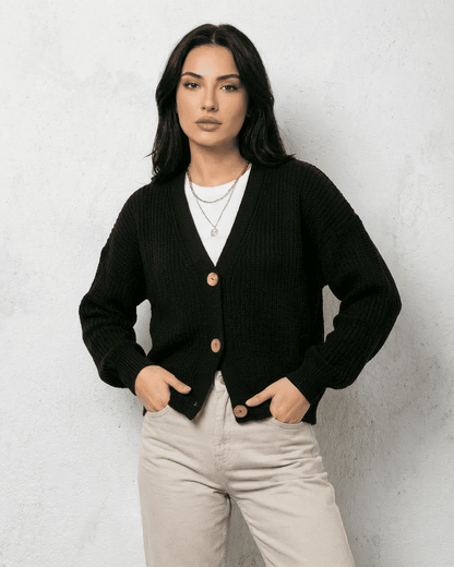 Black Cardigan, front view | Ramblion | SKU: NC-83592-BLK-L-3958,NC-83592-BLK-M-9097,NC-83592-BLK-S-7528,NC-83592-BLK-XL-588,NC-83592-BLK-XS-9129