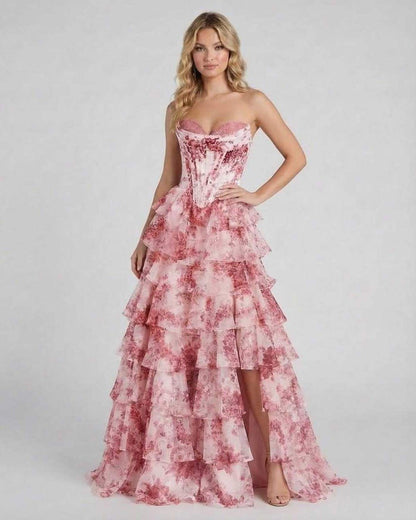 Zema Maxi Dress by RAMBLION - Strapless, pink, ankle-length, flowing satin dress for special occasions.