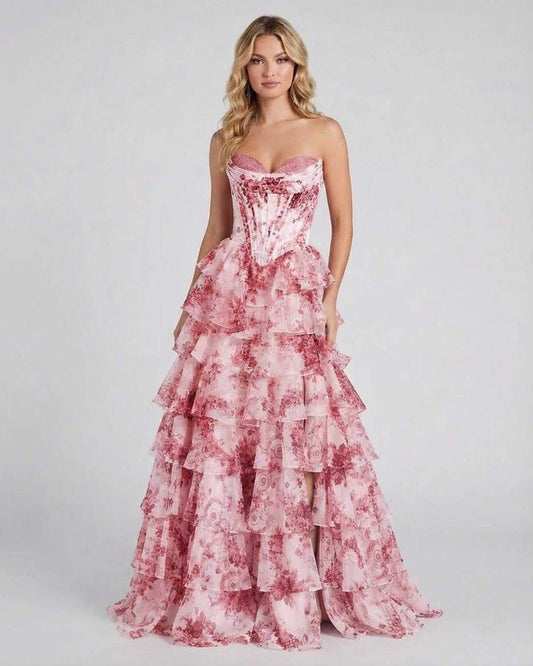 Zema Maxi Dress - Strapless pink satin dress with tiered layers, ideal for special occasions, by RAMBLION.