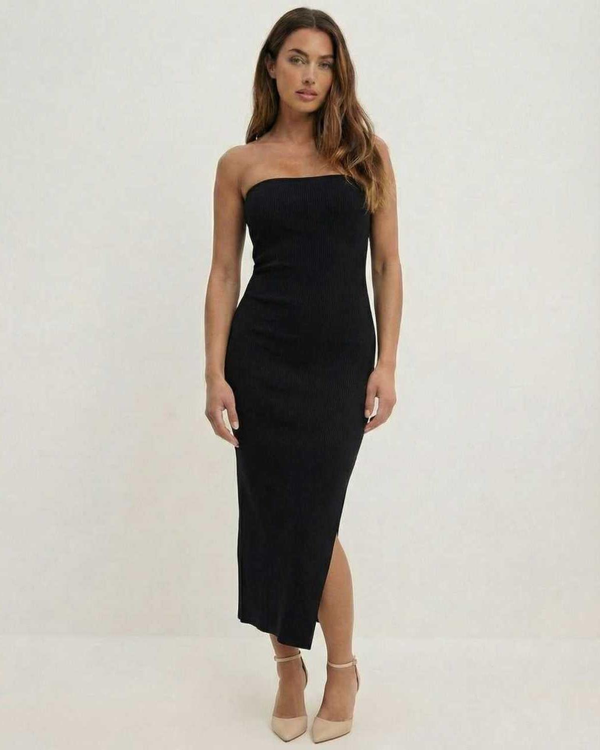 Zena Midi Dress by RAMBLION, black strapless midi dress with side slit, modern elegance for formal occasions.