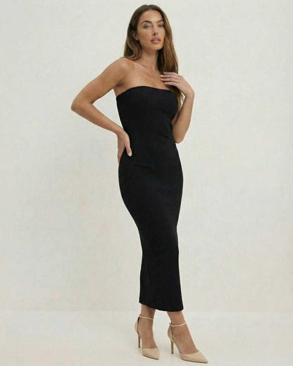 Zena Midi Dress in black, strapless, elegant silhouette, perfect for special occasions by RAMBLION.