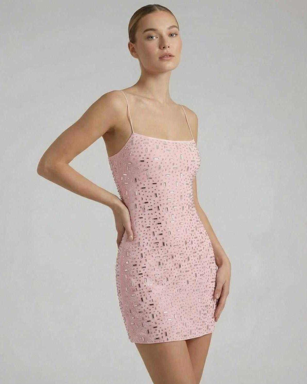Zia Mini Dress by RAMBLION, pink, lightweight, rhinestone embellishments, chic for stylish occasions.