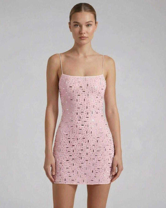 Zia Mini Dress by RAMBLION, pink rhinestone-embellished mini for chic events, crafted from 92% polyester.